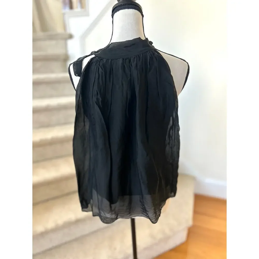 Made in Italy Black Silk High Tie Neck Blouse Whimsygoth Coquette Romantic - Picture 2 of 7